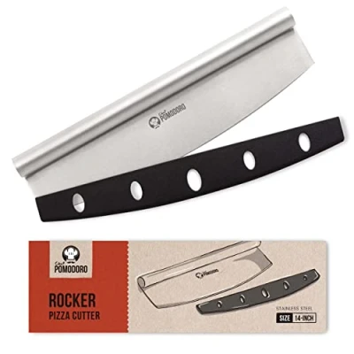 Afbeelding van Chef Pomodoro Pizzasnijder Rocker Mes met Beschermhoes, Multifunctionele 14 Inch Mezzaluna Chopper Super Sharp RVS Mes, Cover, Premium Pizza Accessoires Vaatwasmachinebestendig