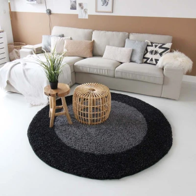 Afbeelding van Hoogpolig Tapijt/Vloerkleed Shaggy Trend Lijstmotief Rond Antraciet 120 Cm
