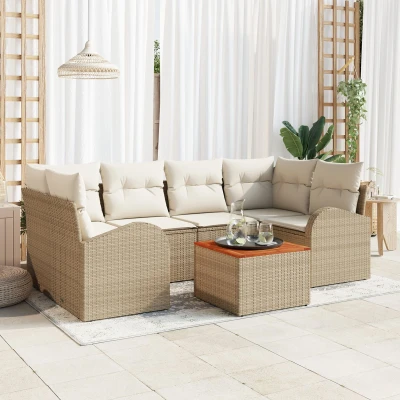 Afbeelding van vidaXL 7 Delige Tuinbankset met Kussens Beige Poly Rattan Acacia