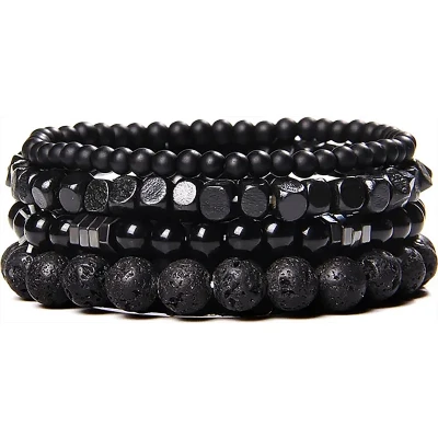 Afbeelding van Malinsi Armband Heren en Dames Onyx Lava Stone Natuursteen Set van 4 Zwart Mannen Vrouwen Kralen Armbandje