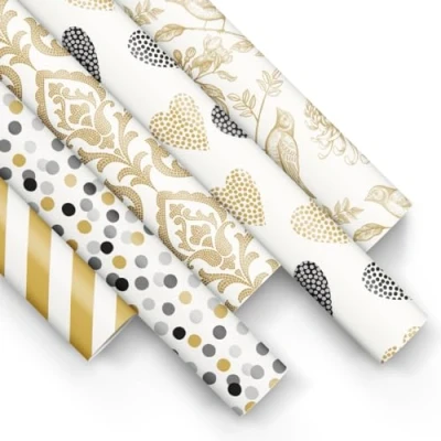 Afbeelding van PAW Cadeaupapier, 200 x 70 cm, 5 rollen, mix van motieven, elegante papierrol voor verjaardagen, bruiloften, babyfeestjes, feestjes en geschenken, zwart gouden patroon
