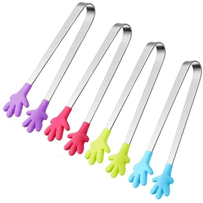 Afbeelding van HAKACC 4 stuks mini suikertang, voedselclip, multifunctionele voedseltang, siliconen roestvrij staal, ijstang voor BBQ, schattige ijsblokjes, salade