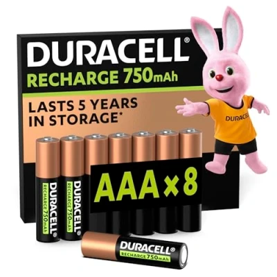 Afbeelding van Duracell Oplaadbare AAA batterijen (8 stuks), 750 mAh NiMH, 1000 laadbeurten, vooraf opgeladen, voor een lange levensduur, met plastic vrije en 100% recyclebare verpakking