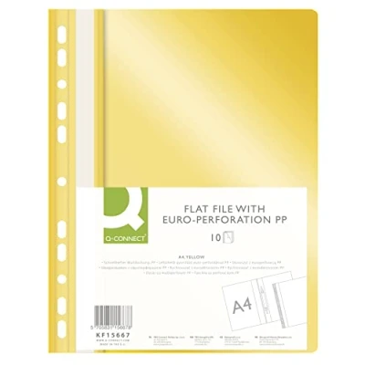 Afbeelding van Q CONNECT KF15667 Plastic snelhechter A4, geel, 10 stuks, kunststof nietjes, geperforeerde nietmachine met tekststrips, transparant deksel, gaten, Euro perforatie