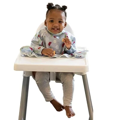 Afbeelding van Catch waterdichte Slabbetjes. Bevestigt aan de kinderstoel ZONDER kieren! Slabbetje lange mouw als baby zelf gaat eten, Rapley methode, BLW