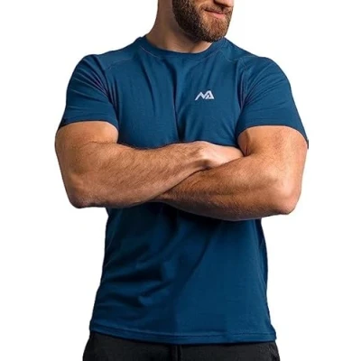 Afbeelding van Natural Athlet Slim Fit Fitness T shirt voor heren lang sneldrogend gym bodybuilding, krachttaining en sport, blauw, XXL