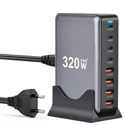 Afbeelding van USB C oplader: 320 W 8 poorts adapter meervoudige oplader met 4 en A, snellader PD 3.0 100 power voeding voor MacBook, laptop, iPhone, iPad, Samsung