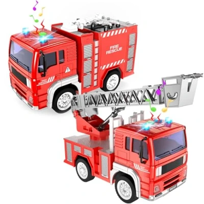 Afbeelding van TOYABI Brandweerwagen, 2 stuks, brandweerwagen met lichten en geluiden intrekbare ladder, 1:20, brandweerauto voor kinderen van 3, 4, 5, 6, 7 jaar, jongens meisjes