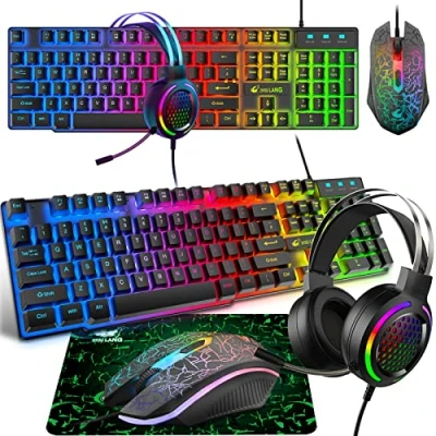 Afbeelding van Toetsenbord, Headset &amp; Muis Set voor Gaming, 104 Toetsen Rainbow Backlit Toetsenbord + 2400 DPI 7.1 Surround RGB Lichtgewicht Honingraat Koptelefoon Muismat Combinatie PS4 XBox, Zwart