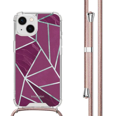 Afbeelding van Apple iPhone 14 Hoesje Kunststof iMoshion Backcover met koord/Koordhoesje/Softcase Bordeaux Graphic Telefoonhoesje