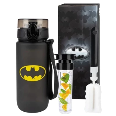 Afbeelding van MOMO WAY Batman Drinkfles, 600 ml, BPA vrije Tritan waterfles met fruithouder en flessenreiniger, 1 klik sluiting, sportfles voor school, werk, outdoor
