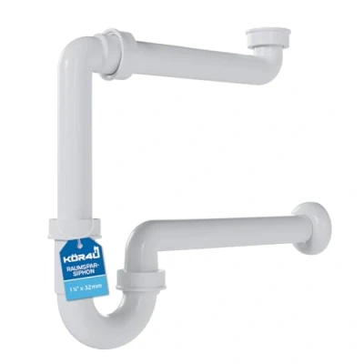Afbeelding van kör4u Ruimtebesparende sifon 1 1/4 inch x 32 mm, wit, met geurafsluiter, voor wastafel, badkamer, sanitaire installaties