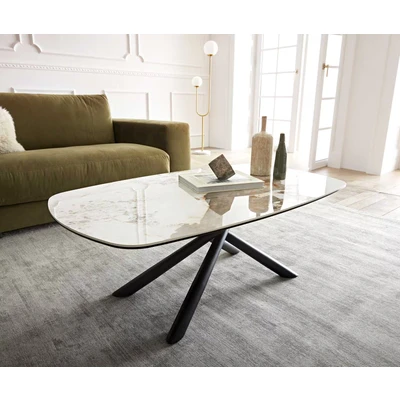 Afbeelding van Salontafel Sarita Keramiek Minas Melange Wit Beige 120x70 cm Onderstel Metaal Zwart