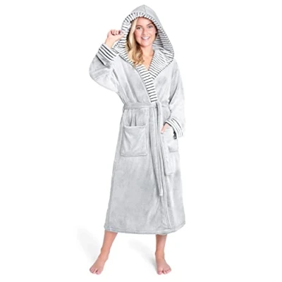 Afbeelding van CityComfort Superzachte badjas van fleece voor dames, met capuchon, perfecte nachtkleding (Tweekleurig Grijs, M)
