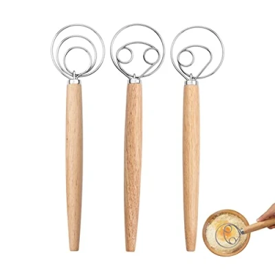 Afbeelding van CZAYEFNH3 stuks Brood Deeg Whisk, Deense deegklopper voor bakken in de keuken Houten handvat Roestvrij staal Handmatige deegmix Broodtaart maken (3 maten inbegrepen)