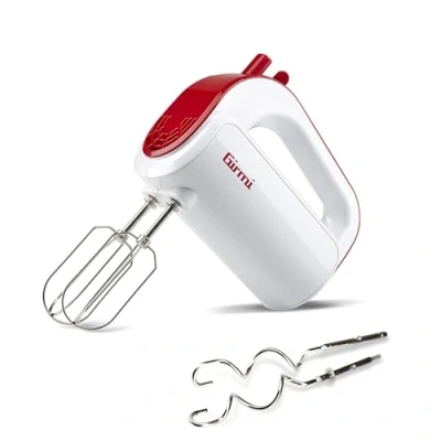 Afbeelding van Girmi SB02 Elektrische handmixer, 170 W, garde van roestvrij staal voor het kloppen room en eiwitten, turbo functie, haak zoet zoutdeeg, 5 snelheden, wit/rood
