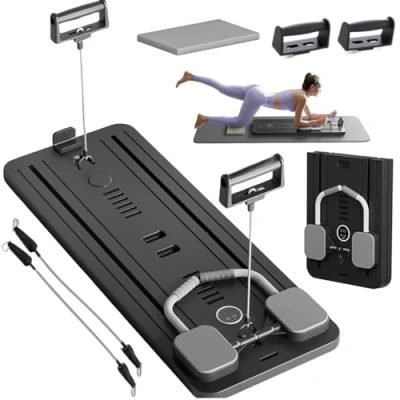 Afbeelding van EFGETD Pilates Reformer Machine Board Set Ab Roller Oefenwiel Automatische Rebound Opvouwbare Buikoefening Apparatuur met Weerstandstouw en Timer (Zwart1)