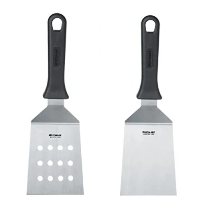 Afbeelding van Set, 2 stuks: professionele spatels (schuin, stijf) met geperforeerd en gesleufd lemmet, rood staal/kunststof, Master Line, zwart/zilver