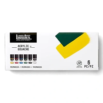 Afbeelding van LIQUITEX 3699322 Professional Acrylic Gouache, 6 Kleuren set, lichtecht, acrylverf met gouache eigenschappen, watervast Primaire Set 6x22ml