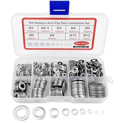 Afbeelding van Fousenuk Platte sluitringen van roestvrij staal, 684 stuks, sluitringen, assortiment, borgringen, deurscharnier, met assortimentsdoos, in totaal 9 verschillende maten, M2, M2,5, M3, M4, M5, M6, M8,