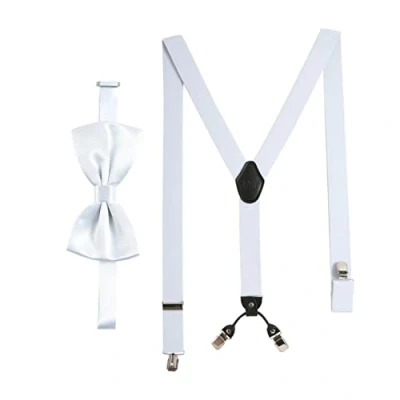 Afbeelding van bretels met strik set Wit voor mannen en vrouwen I Y vormige elastiek extra sterke clips 3,5cm breed verstelbare lengte Voorgestrikte stropdas pak
