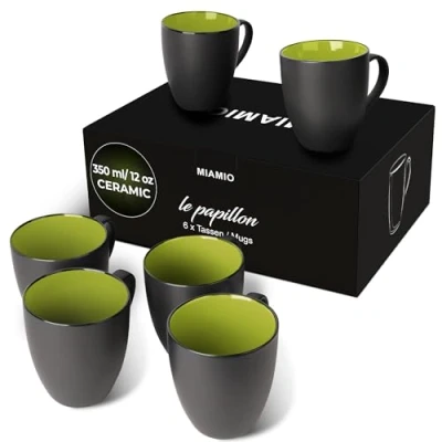Afbeelding van MIAMIO 6 x 350 ml aardewerk koffiemokken/beker set zwarte buitenkant kleurrijke binnenkant (Groen)