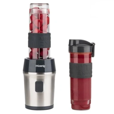 Afbeelding van H.Koenig Mini Blender / Smoothie Maker Compact SMOO9, 570 ml, BPA vrij, 300W, Krachtig, 2 flessen met reisdeksel, 4 roestvrijstalen messen, Zwart