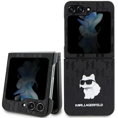 Afbeelding van Karl Lagerfeld Saffiano Monogram Choupette Pin hoesje voor Samsung Galaxy Z Flip 5 zwart
