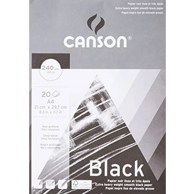Afbeelding van Canson Zwarte tekening 240gsm papier, A4 pad inclusief 20 vellen diep zwart glad papier.