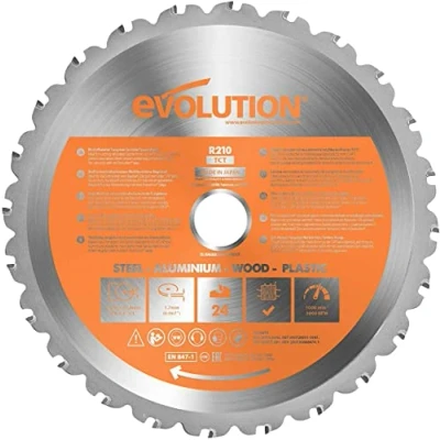 Afbeelding van Evolution Power Tools R210TCT zaagblad met 28 tanden en een uiteinde van carbide voor meerdere materialen zaagt hout, metaal, kunststof meer, 210 mm