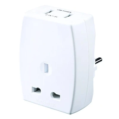 Afbeelding van Masterplug UK naar EU plug adapter converter met 2,1 A USB oplader.