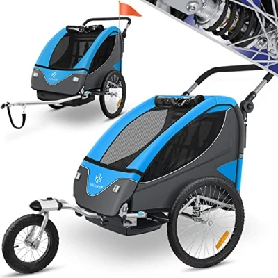 Afbeelding van KESSER® Cruiser Kinderfietskar 360 draaibaar met vering 2in1 Jogger functie + 5 puntsgordel Fietskar voor 1 tot 2 kinderen max. 40kg Blauw/Zwart