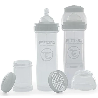 Afbeelding van Twistshake 2x Antikoliek Babyflesjes Met Melkpoederreservoir En Mixer 330ml Snelstromende Siliconen Speen BPA Vrije Babymelkfles 4+ Maanden Wit
