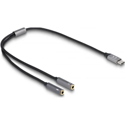 Afbeelding van Delock Headsetadapter USB Type C™ plug DAC 24 bit / 96 kHz Hi Res naar 2 x 3,5 mm 3 pins jackaansluiting (Headset adapter), Audio adapters, Zwart