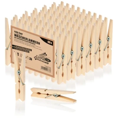 Afbeelding van COM FOUR® 60x houten wasknijpers duurzame haringen gemaakt van berkenhout onbehandelde voor het ophangen kleding en handwerk (060 stukjes berk)