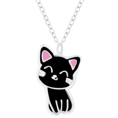 Afbeelding van JoyS Zilveren kat poes hanger met ketting zwart
