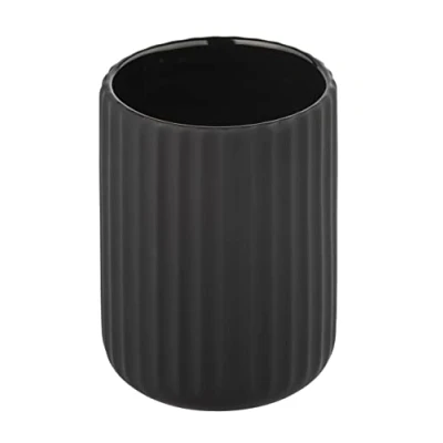 Afbeelding van WENKO Belluno Tandenborstelbeker, hoogwaardige tandenborstelhouder voor tandenborstel en tandpasta van edele keramiek met moderne rondingen, geribbeld soft touch oppervlak in mat zwart, Ø 8 x 11 cm