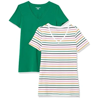 Afbeelding van Amazon Essentials Women&#039;s T shirt met korte mouwen en V hals in klassieke pasvorm, Pack of 2, Donkergroen/Wit Streep, XL
