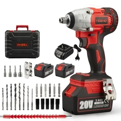 Afbeelding van TEENO Brushless Accu slagmoersleutel, 320 Nm slagmoersleutel met 3,0 Ah accu, wielbouten, 25 stuks accessoires (twee batterijen)