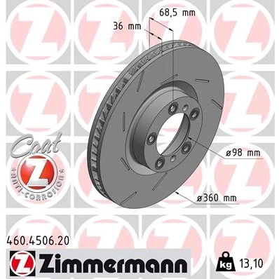 Afbeelding van ZIMMERMANN Remschijf 360mm 36mm 7/5 5 gat 130mm interne ventilatie, Gekerft Gecoat High carbon 460.4506.20 971615301F,971615301L Remschijven