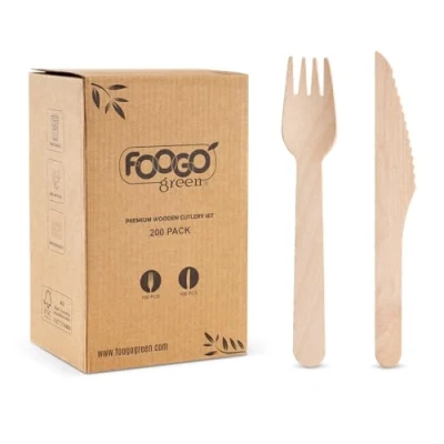Afbeelding van FOOGO Green 200 stuks wegwerp houten vorken en messen set, FSC® gecertificeerd, 100x vorken, messen, 16cm bestekset, biologisch afbreekbaar, milieuvriendelijke feest, zoals