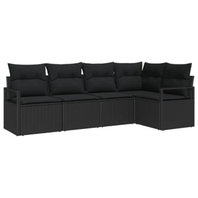 Afbeelding van vidaXL 5 delige Tuin Sofa Set met Kussens Zwart Poly Rattan, 2 zit Rattan