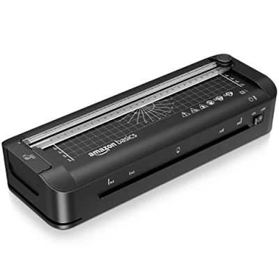 Afbeelding van Amazon Basics 3 in 1 thermische lamineermachine voor A4 formaat, met functies snijden, perforeren en hoeken afronden, incl. 10 hoezen, EU stekker, zwart
