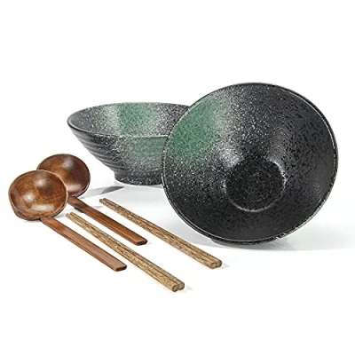 Afbeelding van Japanse Ramen Kommen, 1000 ml Keramische Kom Eetstokjes &amp; Lepels Set 2 Set, voor Soep Pasta Dessert Rijst Noedels Fruit Salade (B)