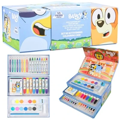 Afbeelding van Bluey Schilderbenodigdheden voor kinderen, 140 plus stuks reiskunstbenodigdheden in koffer kindercadeaus (blauw 3 lagen)