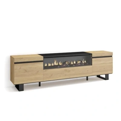 Afbeelding van Skraut Home tv kast, meubel, opslag, 200 x 57 35 cm, voor tv&#039;s tot 203 cm (80 inch), elektrische open haard, industrieel design, moderne stijl, eiken en zwart