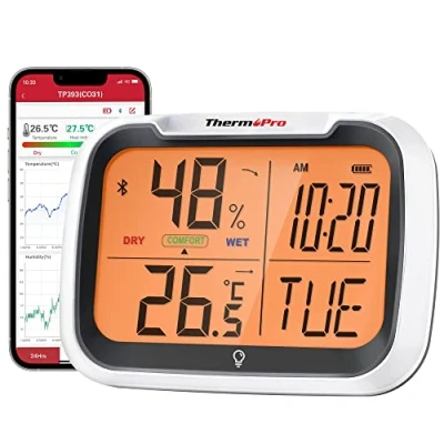 Afbeelding van ThermoPro TP393 Bluetooth thermometer Hygrometer voor binnenshuis Oplaadbare kamerthermometer met tijd Nachtlampje Vochtigheidsmeter binnen, kantoor, groot display