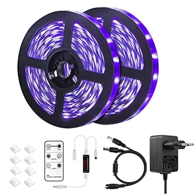Afbeelding van LYGKJ 10 m UV led blacklight stripset met afstandsbediening, 600 leds 395 nm, 12 V/3 A, flexibele bevestigingen voor fluorescerende dansfeesten, Halloween party podiumverlichting (2 stuks)