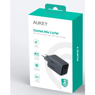 Afbeelding van Aukey Comet Mix 67W GaN PD 3 poorts Wandoplader Grijs