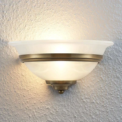 Afbeelding van Lindby Wandlamp 1licht glas, metaal H: 15.5 cm E27 wit gesatineerd, oudmessing